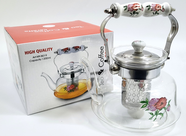 Стеклянный чайник с керамической ручкой 1,2л (4383)