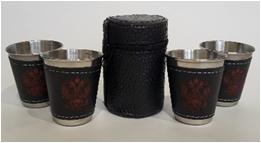 Набор металлических стопок в кожаном оплете 4шт в кожаном чехле на молнии 6*8см (PM-15-B) (200)