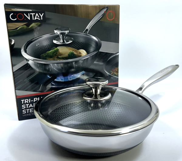 Сковорода глубокая из нержавеющей стали со стеклянной крышкой Ø26см, ↑9см (1777) (10)