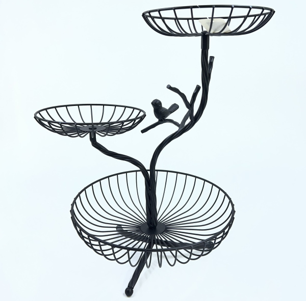 Фруктовница 3-уровневая ЧЕРНАЯ ПТИЧКА  (металл) ↑38см, ↔34см (Ø17,17,24см) (1845) (12)